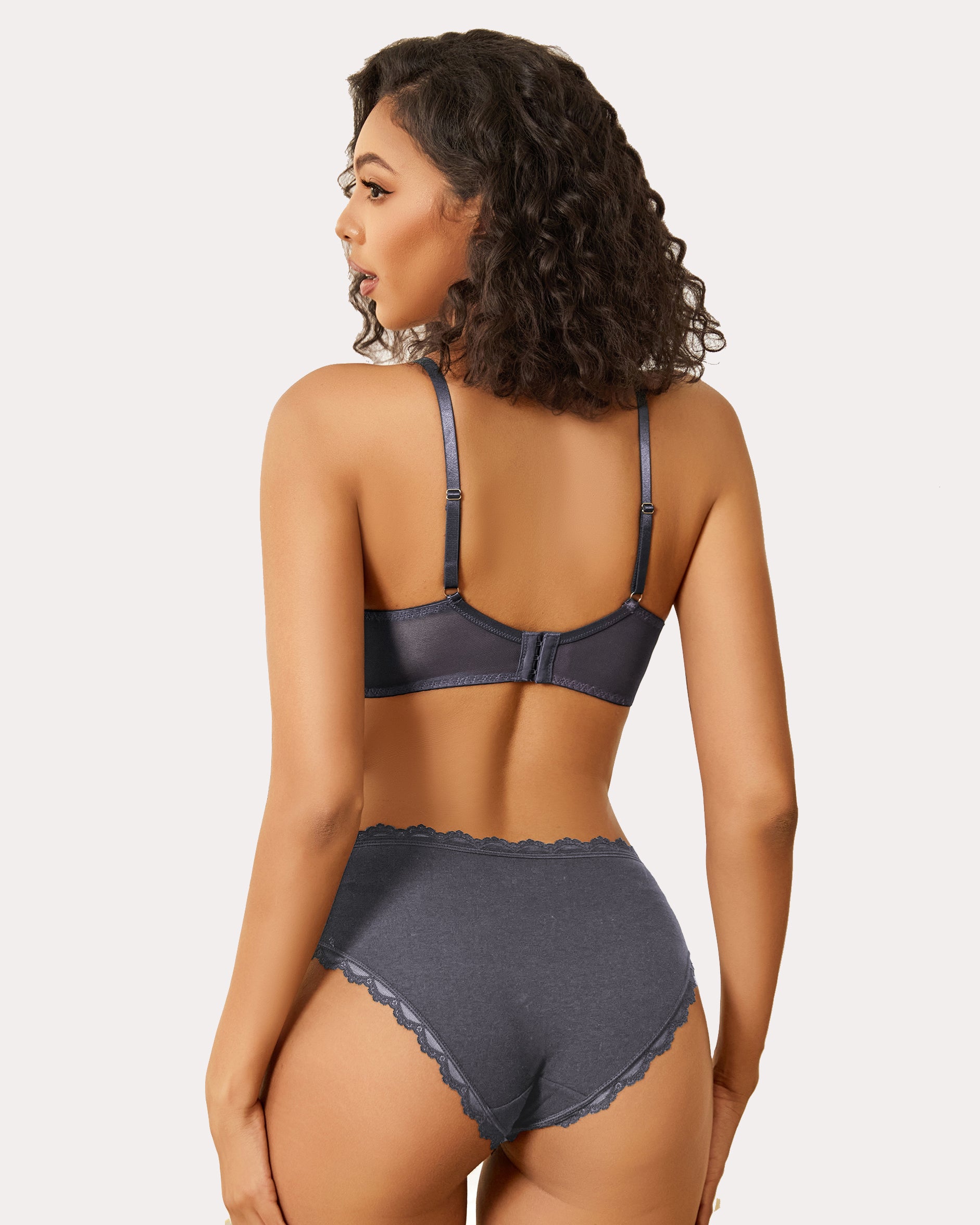 Gray minimizer bra and panty set for large breasts with lace trim. Sexy lingerie.
