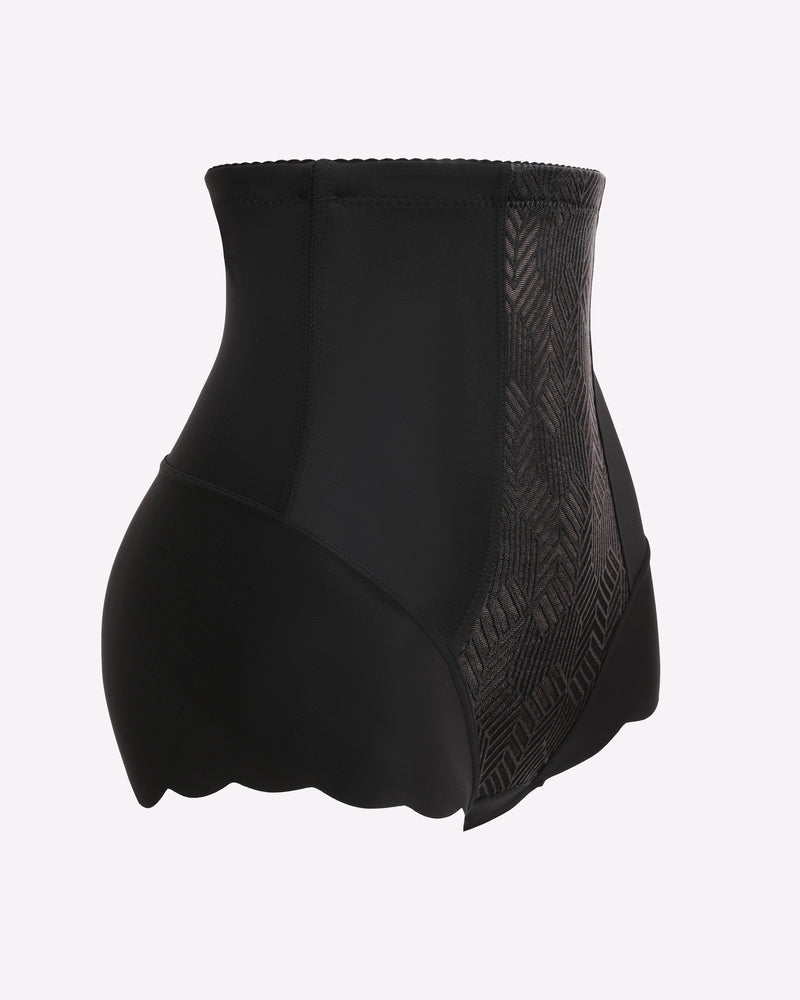 Black high-waisted tummy control shapewear with seamless design and side panel for slimming.