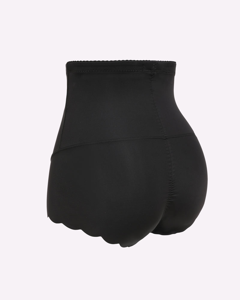 Black high-waisted tummy control shapewear with seamless design, scalloped edge and smoothing effect