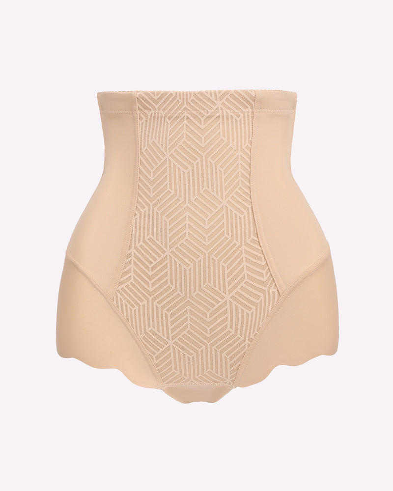High-waisted nude tummy control shapewear with geometric design, seamless, and slimming.