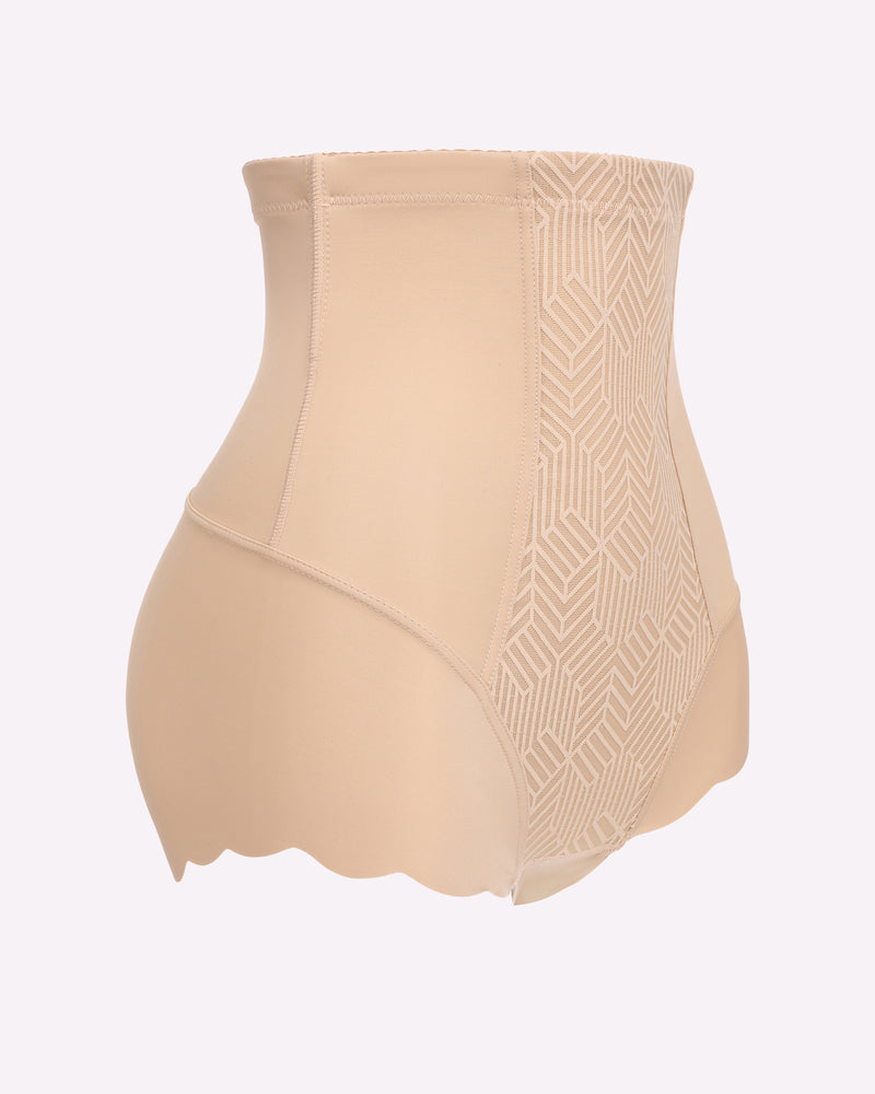 Nude high-waisted shapewear with tummy control, seamless design, and geometric panel.