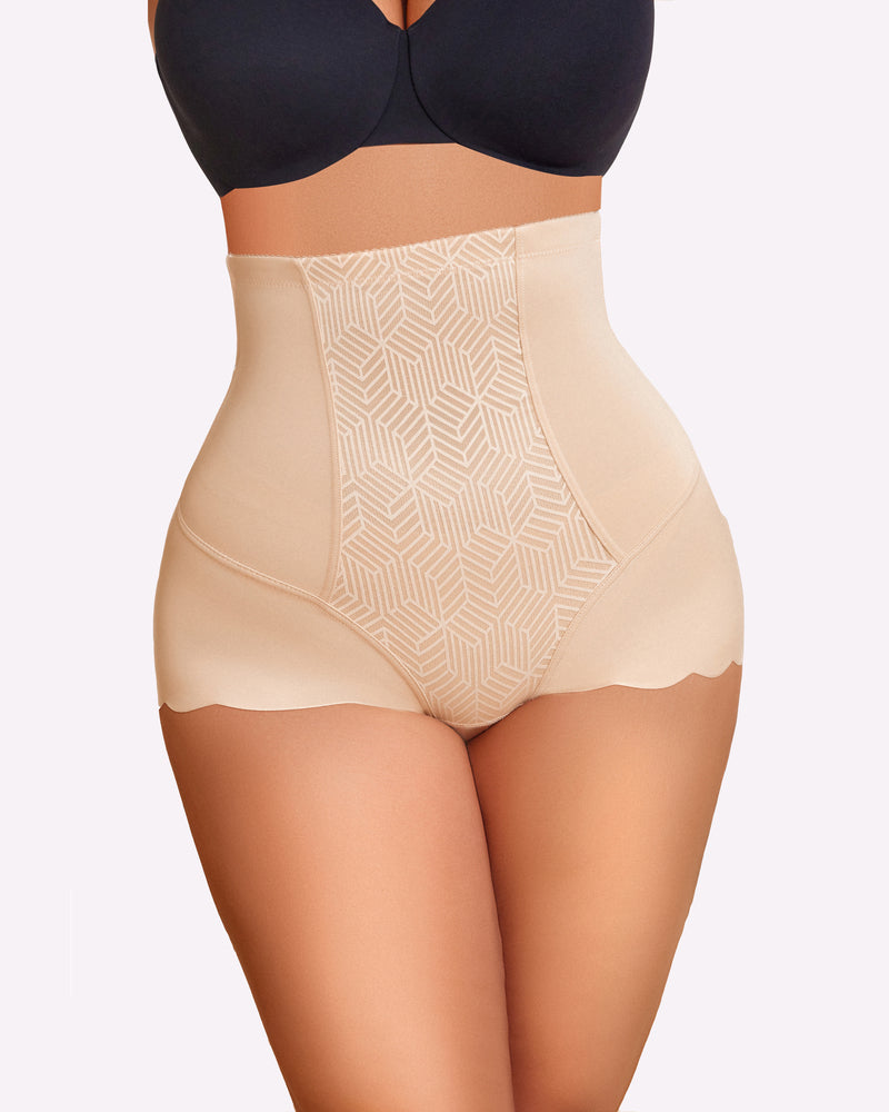 High-waisted nude tummy control shapewear with seamless design and slimming effect