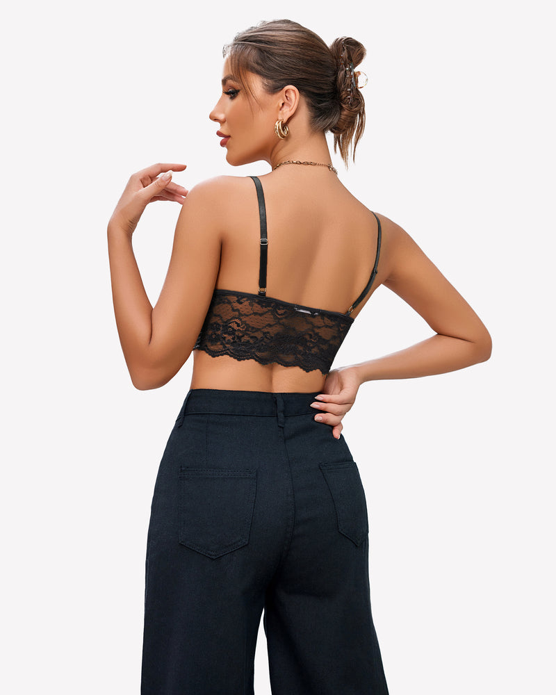 Black lace bustier crop top, adjustable spaghetti straps, unpadded, and wirefree for women