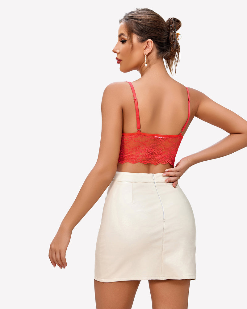 Red floral lace bustier crop top, adjustable spaghetti straps, and cream skirt, sexy lingerie