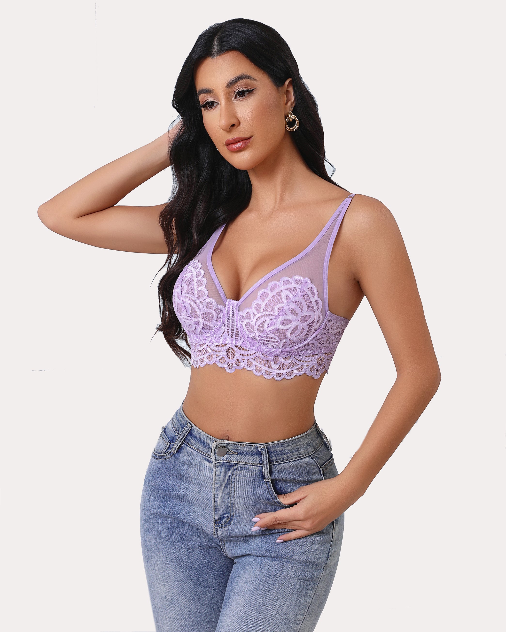 Lavender floral lace bralette with adjustable straps and jeans. Full coverage bra.