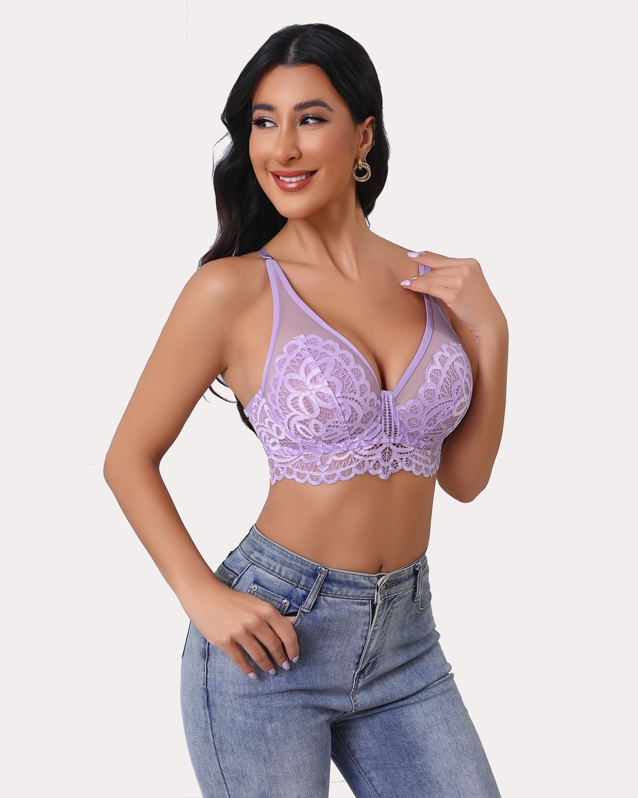 Lavender lace bralette with deep V neckline and adjustable straps. Sexy lingerie for women.