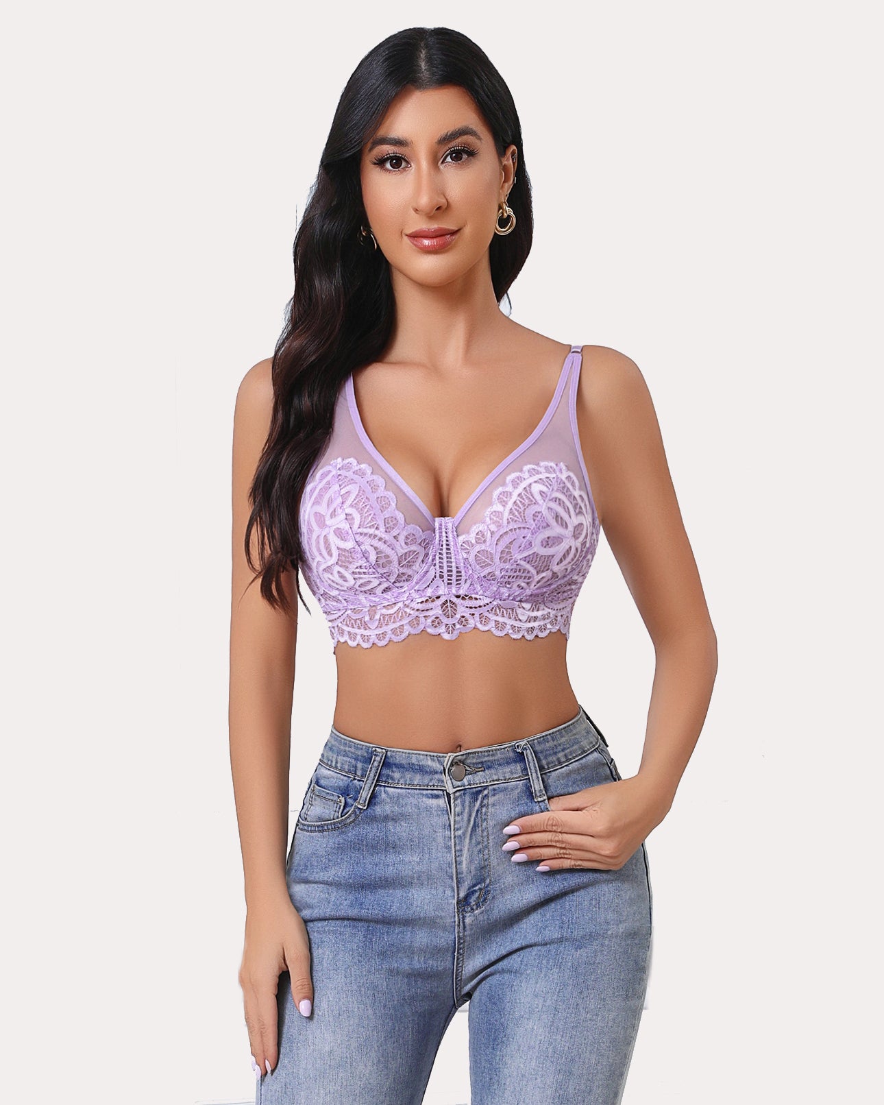 Lavender lace bralette with deep V-neckline, adjustable straps, and floral lace detailing.