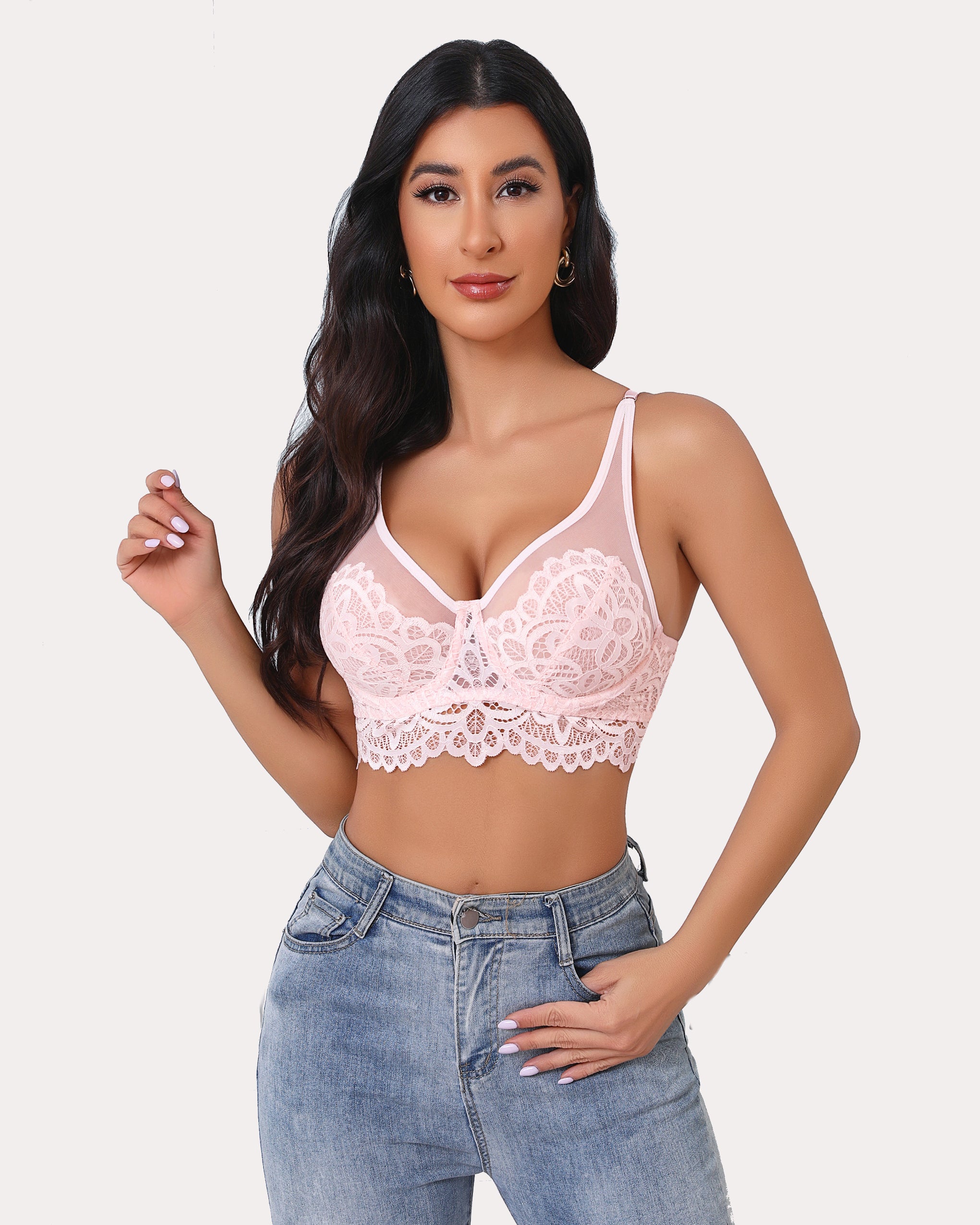 Pink lace bralette with floral design, adjustable straps. Full coverage bralette.