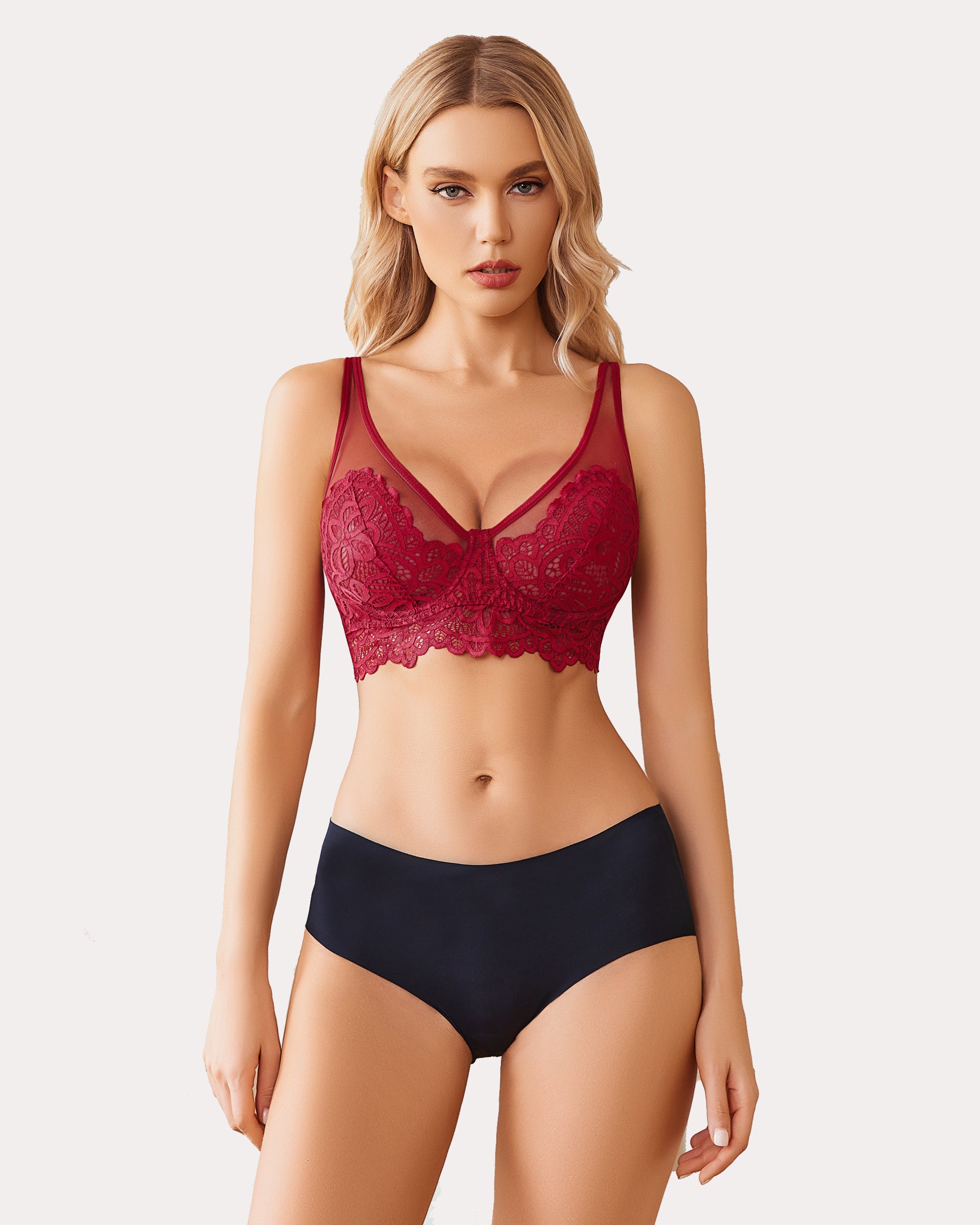 Burgundy lace bralette with adjustable straps and black underwear. Full coverage bra.