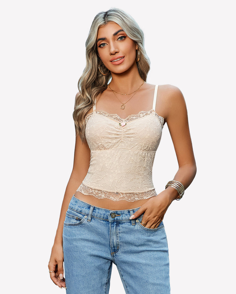 Beige lace crop top ruched tank with spaghetti straps, perfect for a sexy and confident look.