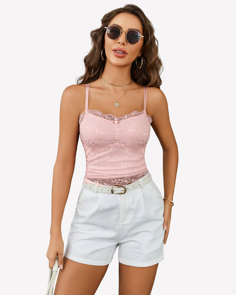 Pink lace crop top ruched tank with spaghetti straps, white shorts, and sunglasses. Sexy lingerie.