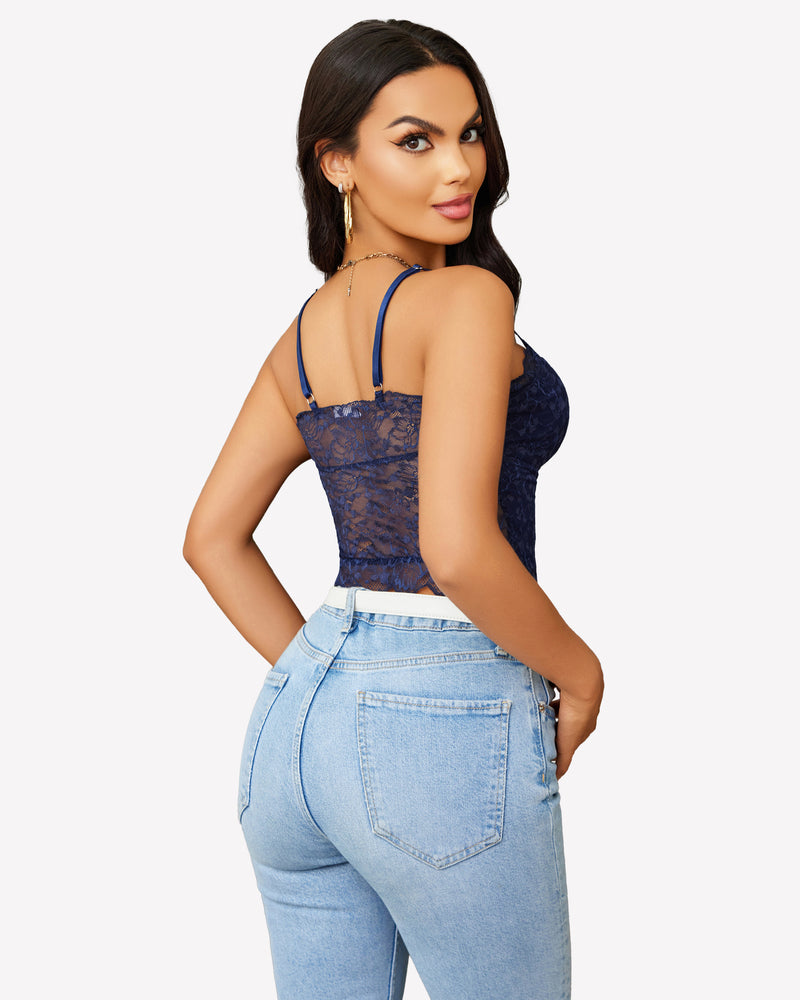 Navy blue lace crop top ruched tank with spaghetti straps and light blue jeans. Sexy lingerie.