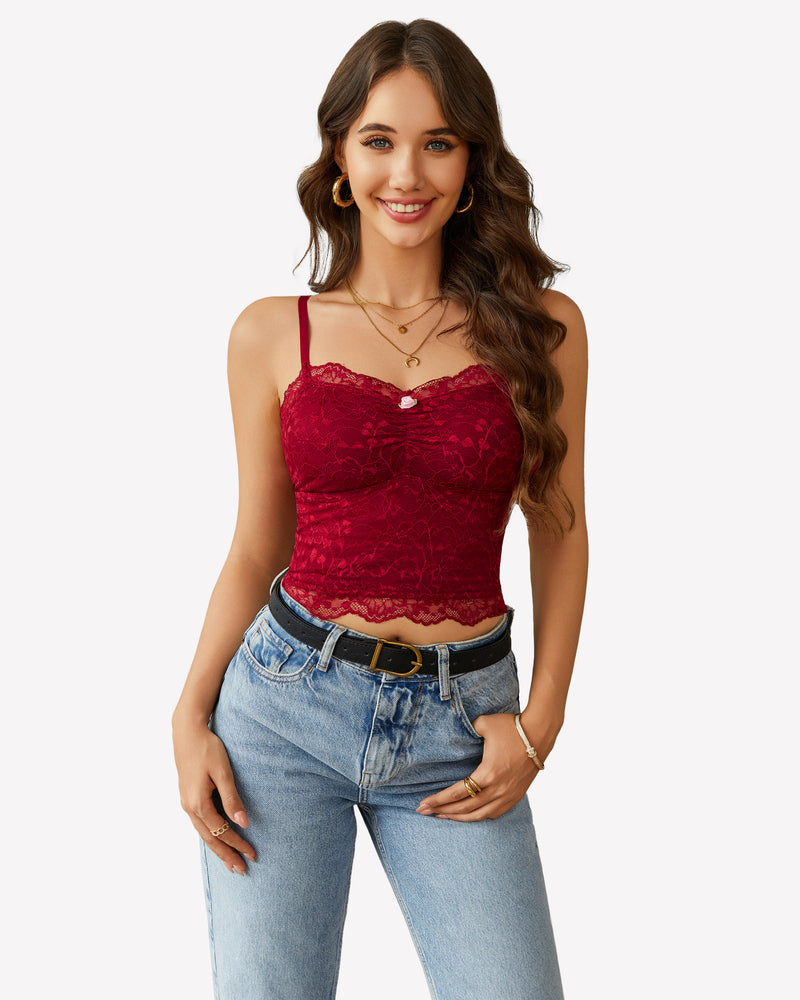 Burgundy lace crop top ruched tank, light blue jeans. Sexy lingerie.