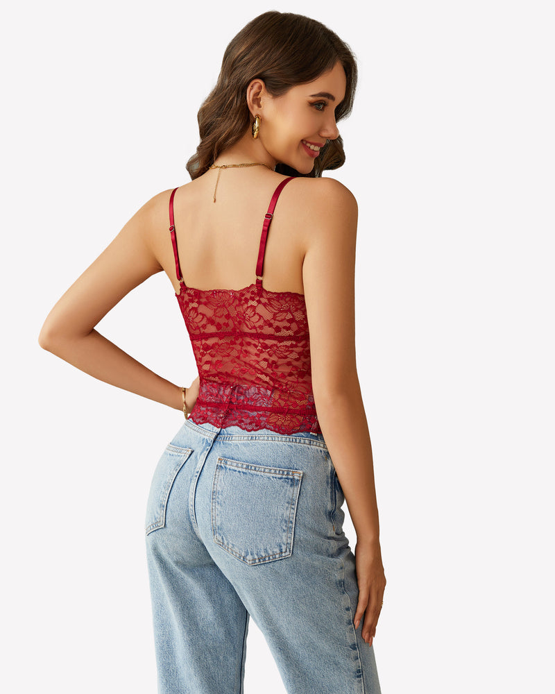 Red lace crop top ruched tank with floral details, paired with light blue jeans
