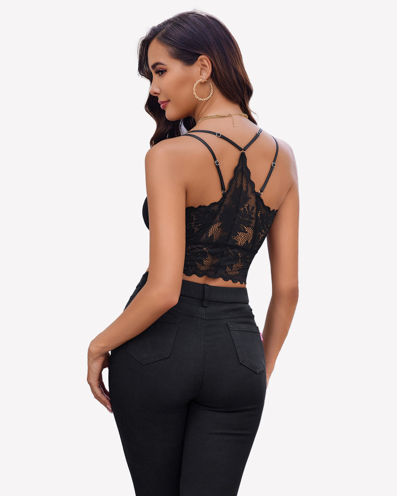Black lace racerback crop top with scalloped trim, showing sexy back. Avidlove lingerie.