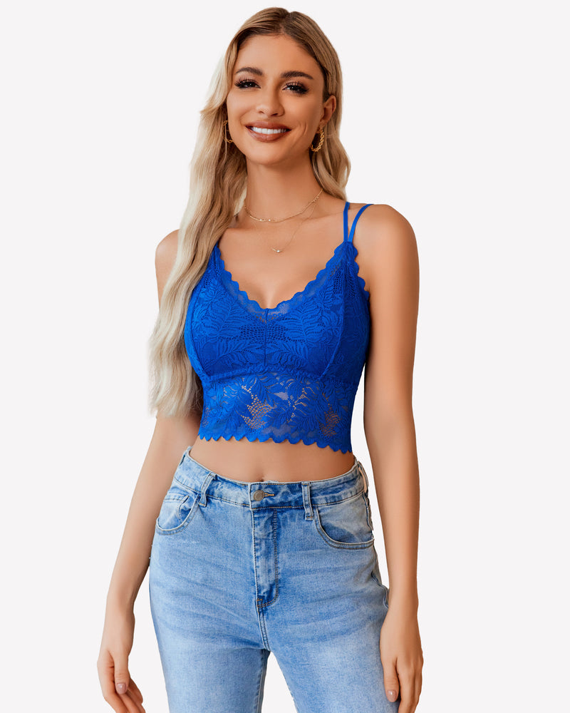 Blue lace crop top with scalloped trim. Stretchy and comfortable camisole top for women.