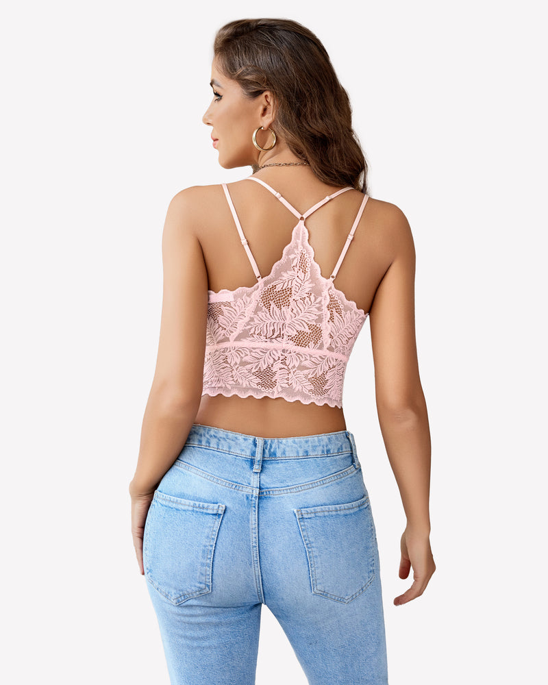 Pink lace racerback crop top. Scalloped trim, adjustable straps. Comfortable and sexy lingerie.