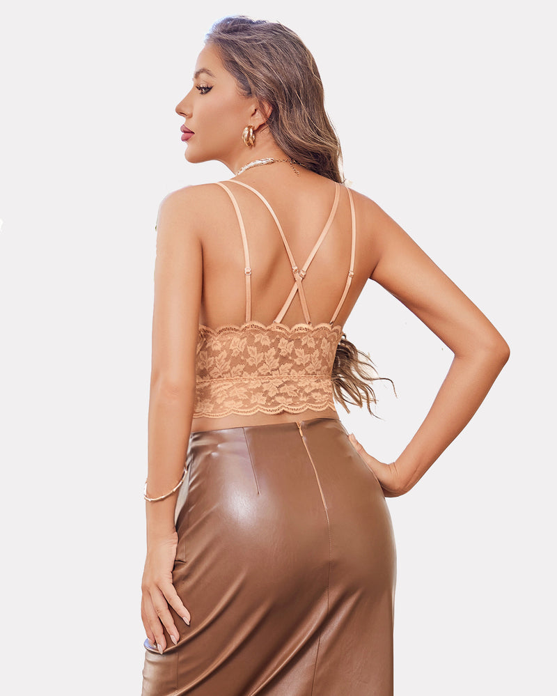 Lace crop top with adjustable straps and racerback, paired with a brown leather skirt.