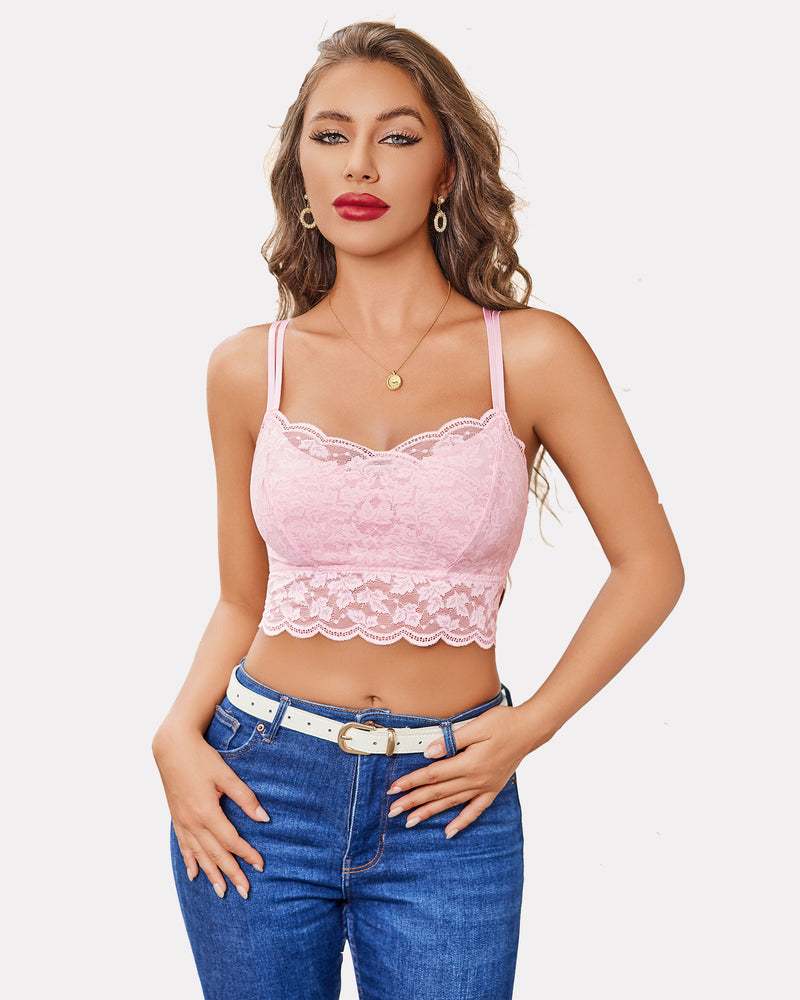 Pink lace crop top with adjustable straps; Y2K style bralette paired with jeans and white belt.
