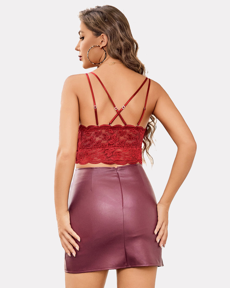 Maroon lace crop top with adjustable straps paired with a leather skirt; Y2K style