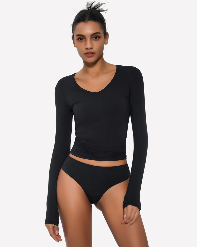 Black Y2k top with sweetheart neckline and matching underwear set, soft, stretchy fabric.