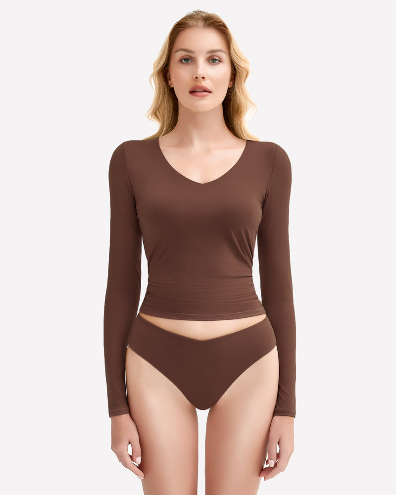 Brown Y2k V-neck top and panties set. Soft, stretchy fabric. A sexy and stylish lingerie set.