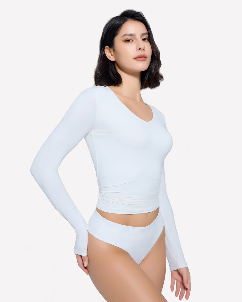 White Y2k long sleeve top and panties set. Soft, stretchy lingerie for women.