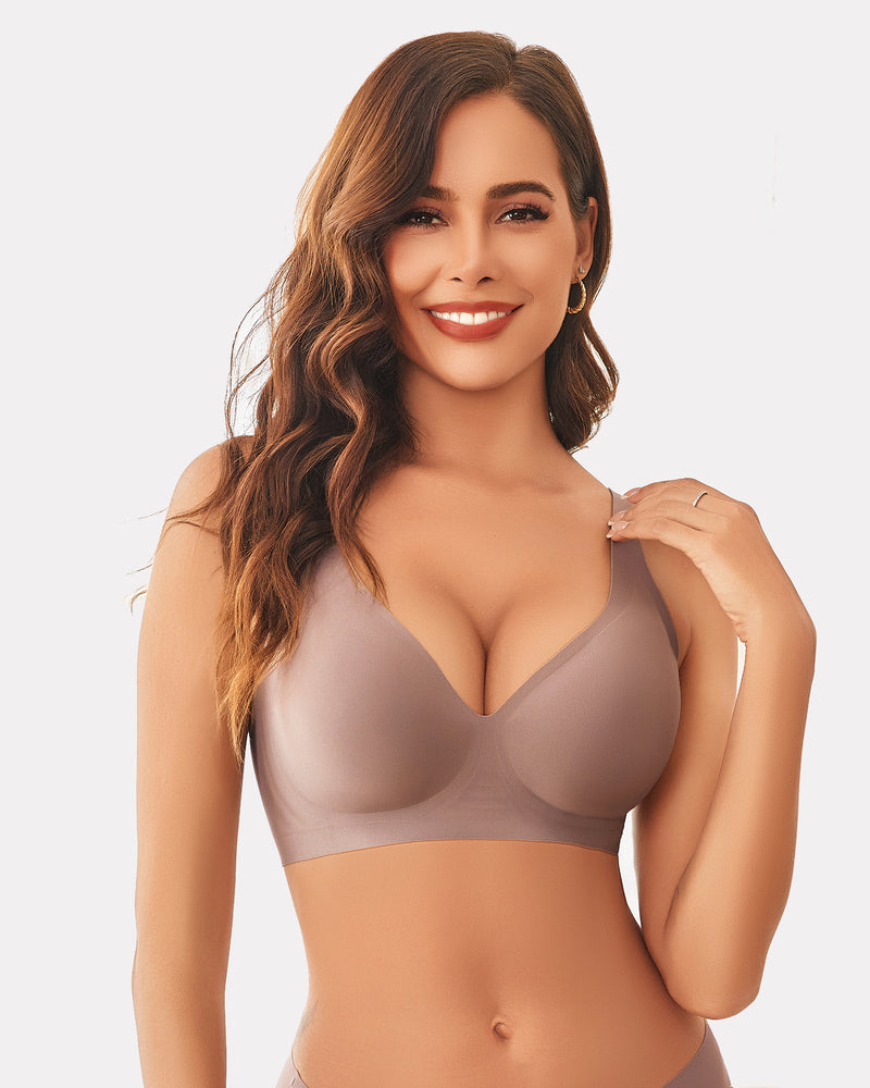 Woman in Avidlove wireless push-up bra, full coverage, neutral color for comfort and support.