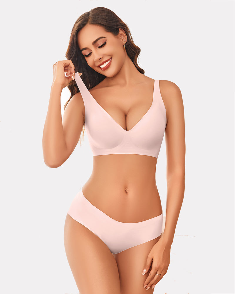 Avidlove light pink wireless push-up bra and panty set. Full coverage and comfortable for women.