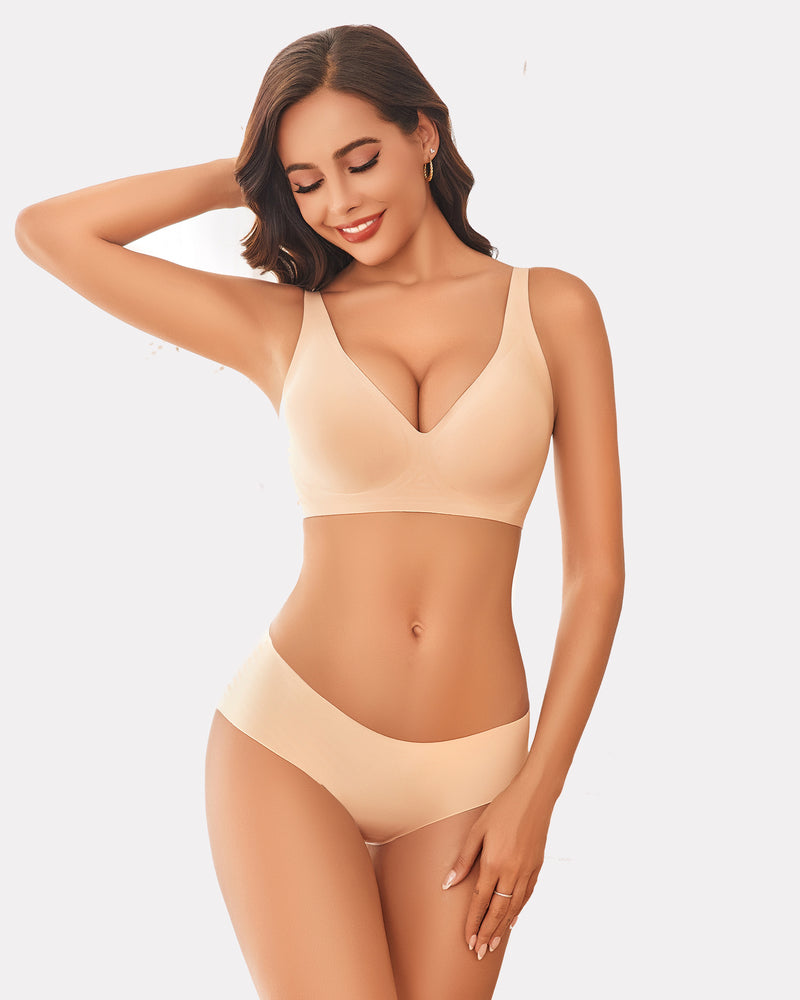 Beige Avidlove wireless push-up bra and panty set. Full coverage and comfortable lingerie.