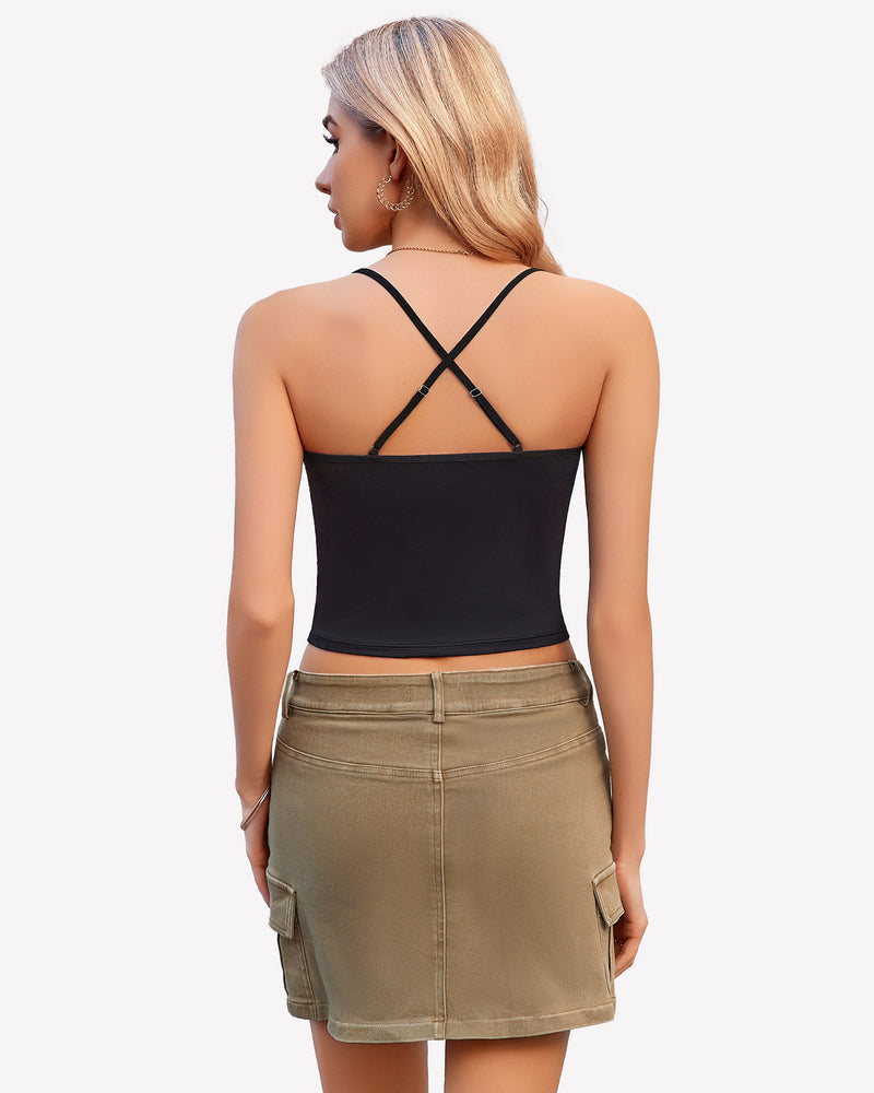 Black ruched cowl neck camisole with adjustable straps and tan cargo mini skirt, stylish outfit