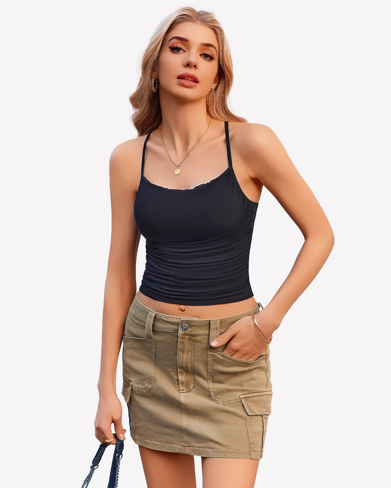 Black ruched cowl neck camisole and tan cargo mini skirt. A stylish and comfortable outfit.