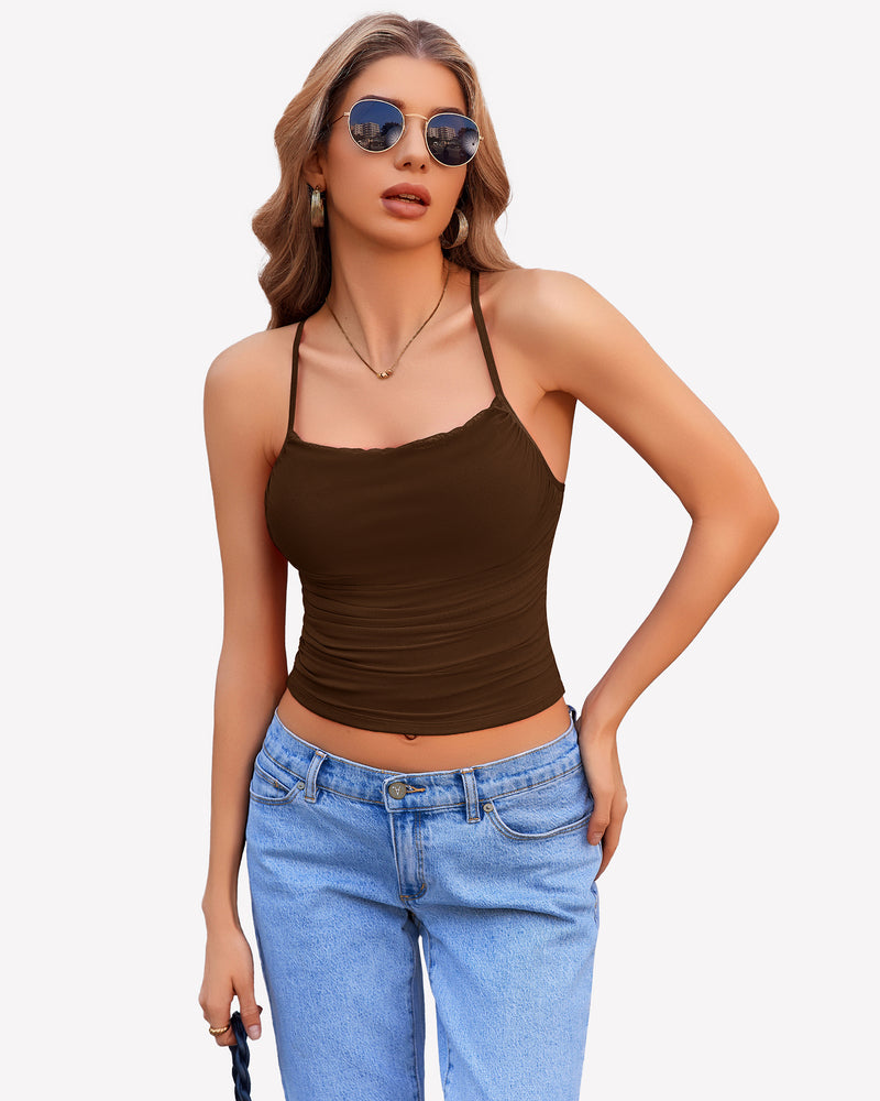 Brown mesh ruched cowl neck camisole and blue jeans. Stylish and comfortable outfit.