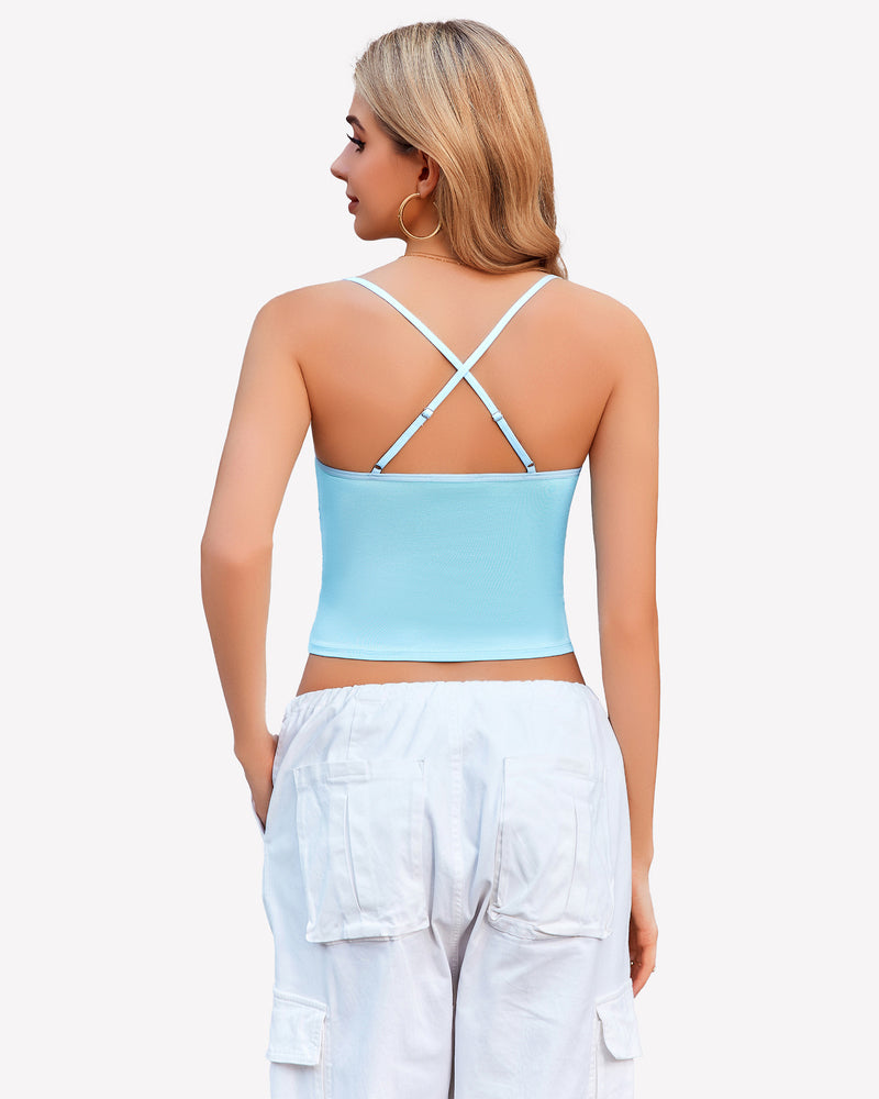 Light blue ruched cowl neck camisole with adjustable straps and white cargo pants. Stylish outfit.