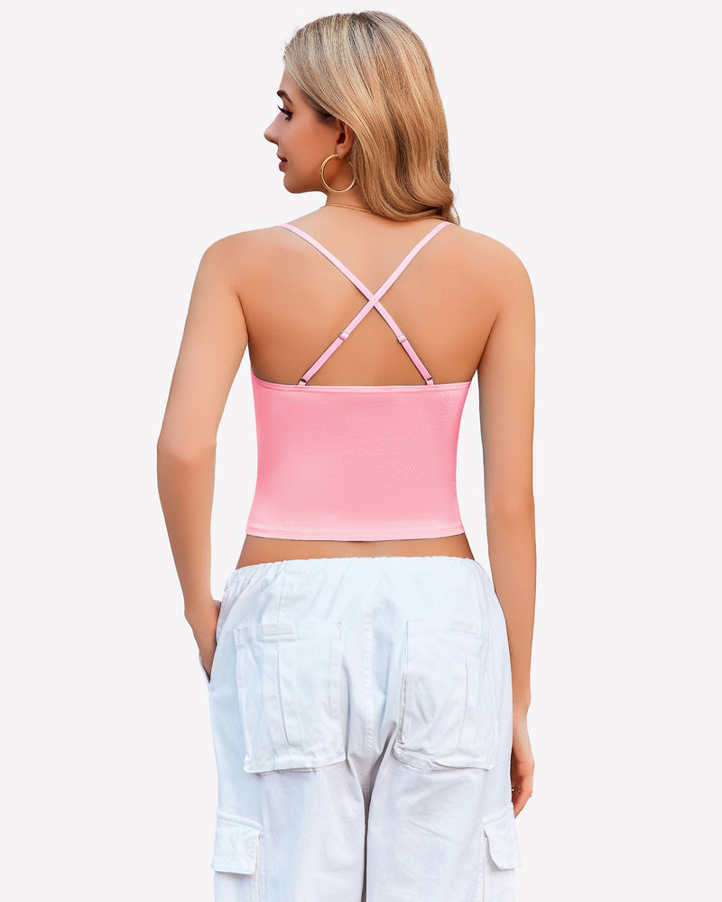 Pink mesh ruched cowl neck camisole with adjustable straps and white cargo pants. Stylish outfit.