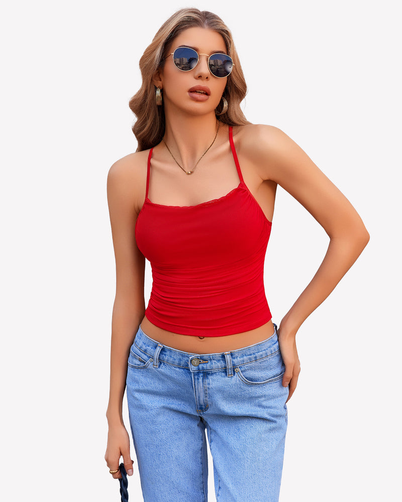 Red mesh ruched cowl neck camisole with adjustable straps and blue jeans. Stylish outfit.