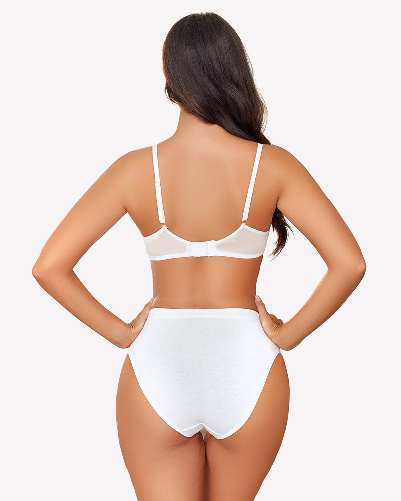White sheer mesh lingerie set, unlined bra and panty set, adjustable straps, contouring design.