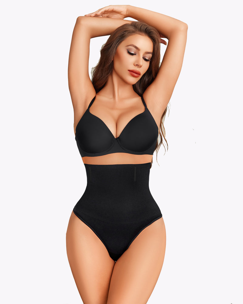Black high-waisted tummy control shapewear, designed for smooth silhouette and comfortable fit