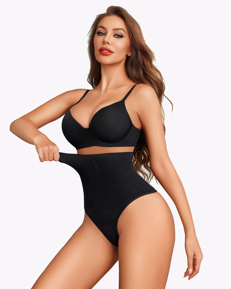 Black tummy control thong shapewear, showcasing stretch and tummy control for an hourglass figure