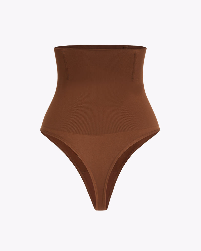 Brown high-waisted tummy control thong shapewear for smooth silhouette