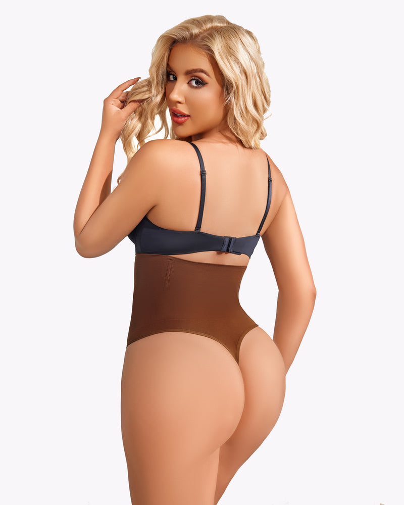 Brown high-waisted tummy control thong shapewear, smooth silhouette and comfortable fit.