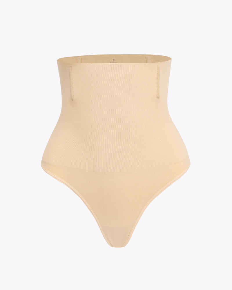 Beige high-waisted tummy control thong shapewear, designed for smooth silhouette and comfortable fit