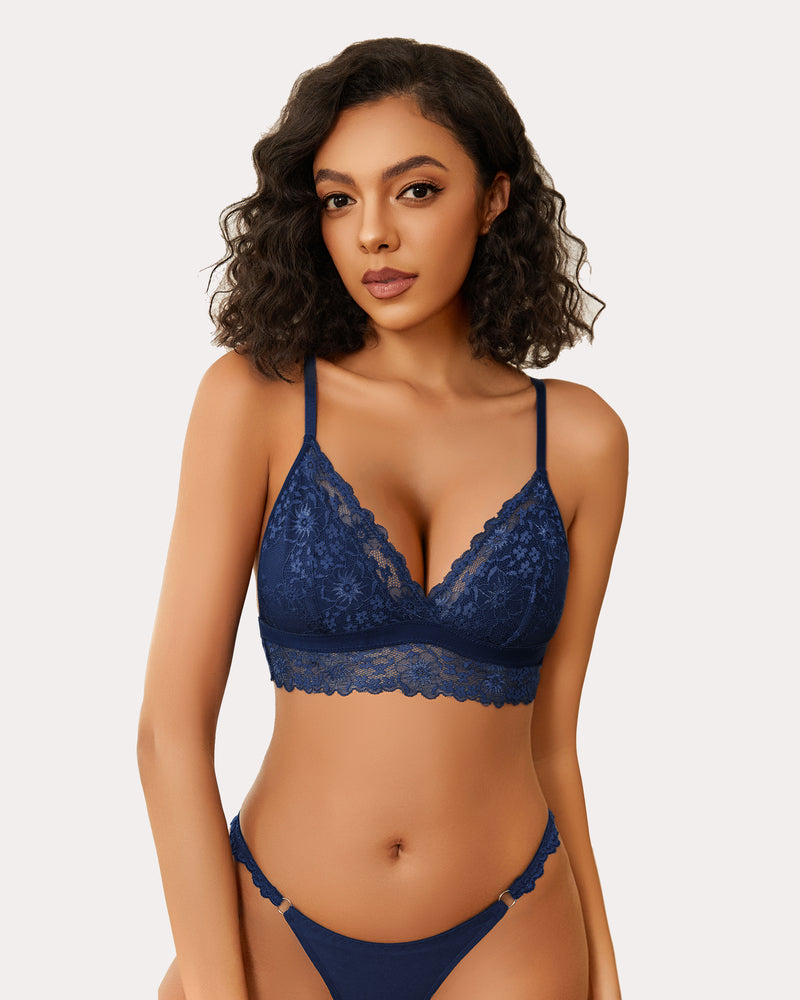 Navy blue lace bralette set. Wireless, non-padded, V-neck. Sexy lace lingerie.