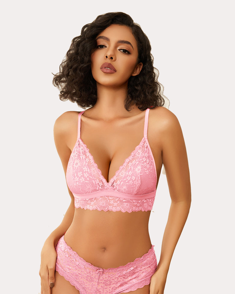 Pink lace bralette and underwear set. Wireless, non-padded, V-neck design. Sexy lingerie for women.