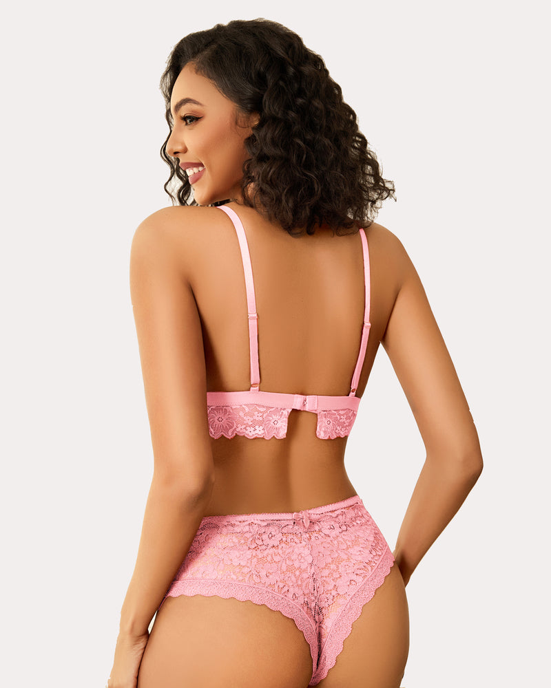Pink lace bralette set, wireless design, with matching lace panties. Stylish and comfortable.