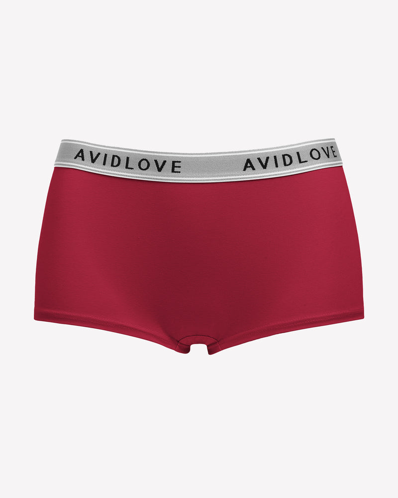 Avidlove red cotton full coverage shorts, low-rise design, with Avidlove brand on waistband