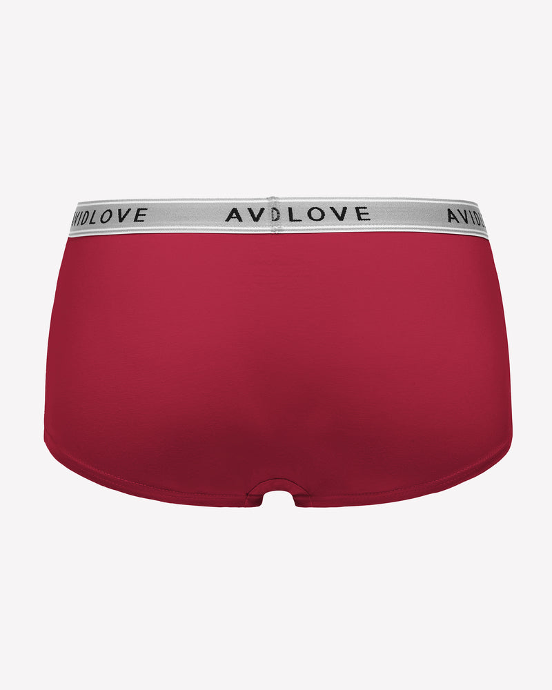 Avidlove red cotton full coverage shorts, low-rise design, Avidlove brand on waistband