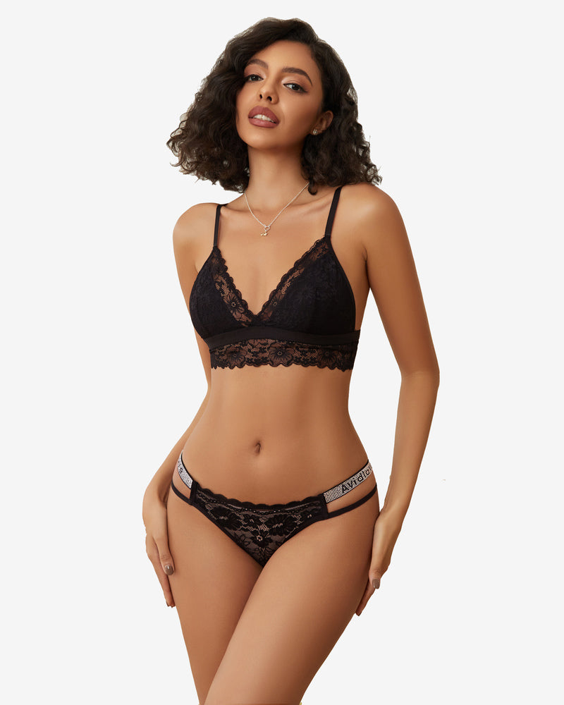 Black lace Avidlove lingerie set: bralette and low-rise hipster panties with rhinestone straps.