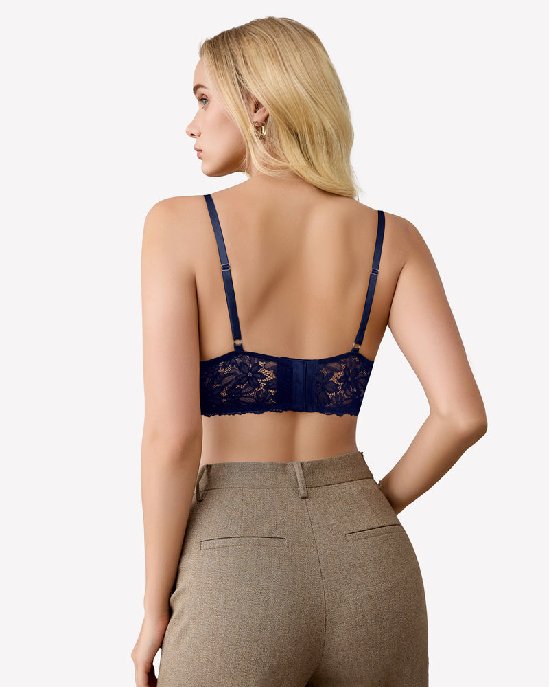 Navy blue lace bralette. Sexy and comfortable wireless bra with lace details and adjustable straps.