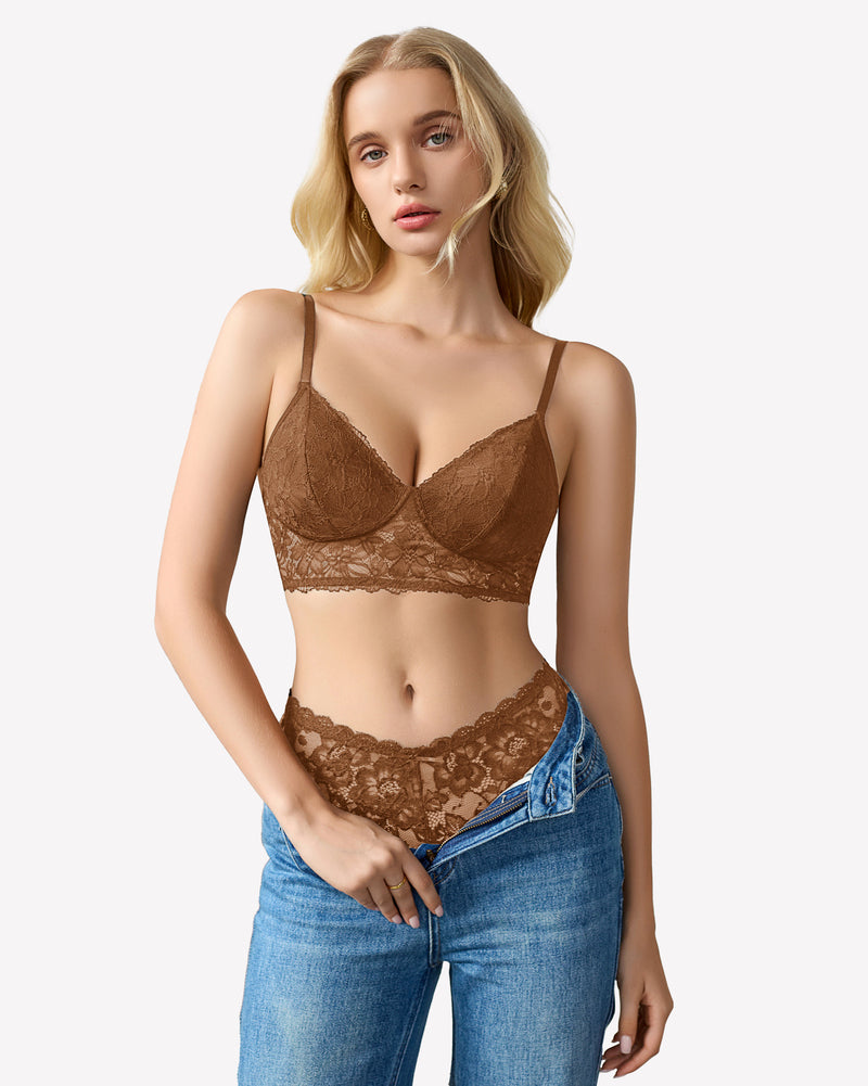 Brown lace bralette and underwear set with blue jeans. Comfortable and sexy lingerie for women.